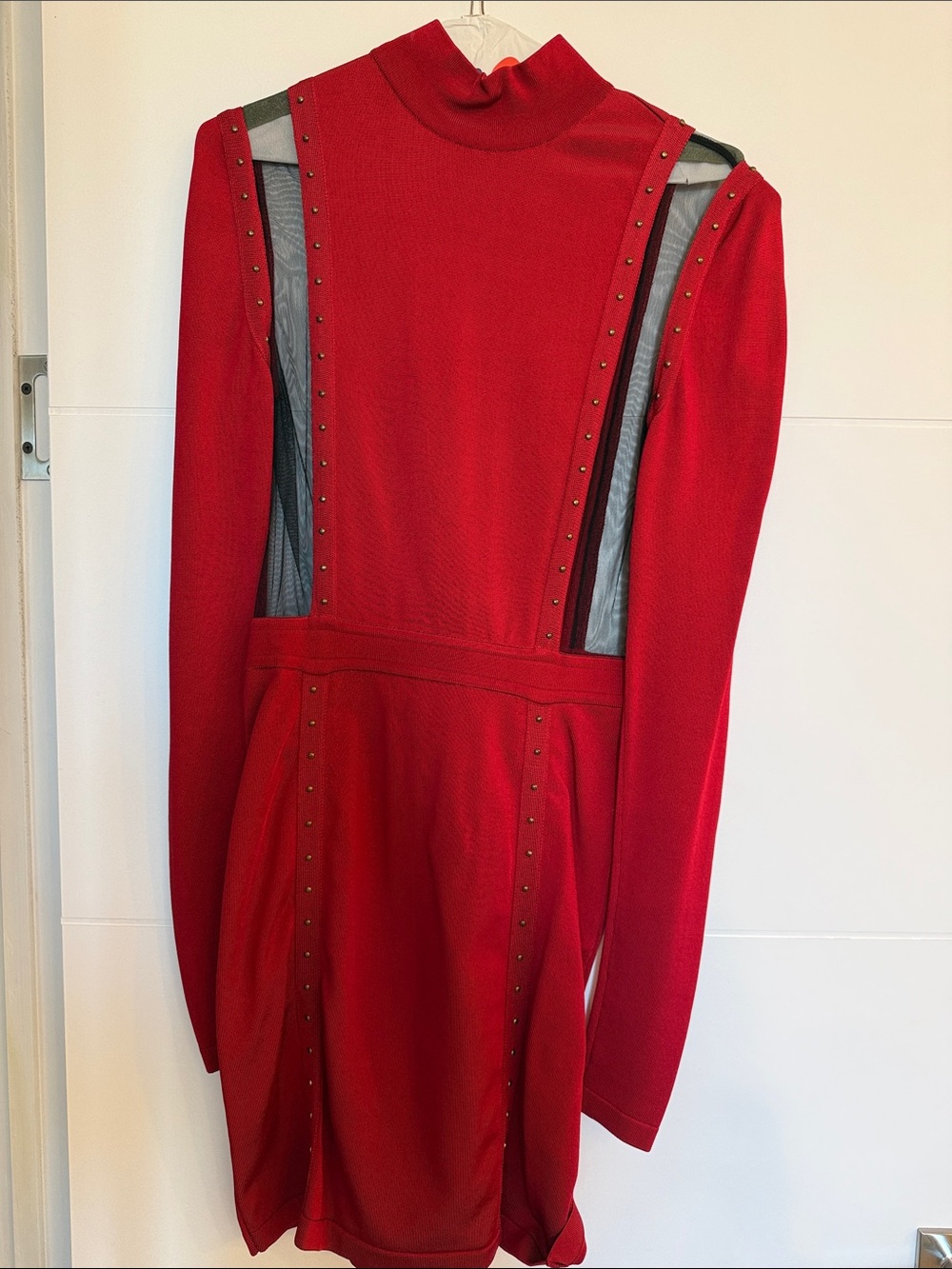 Balmain Red Long-Sleeve Stud-Trim Mesh-Panel Dress